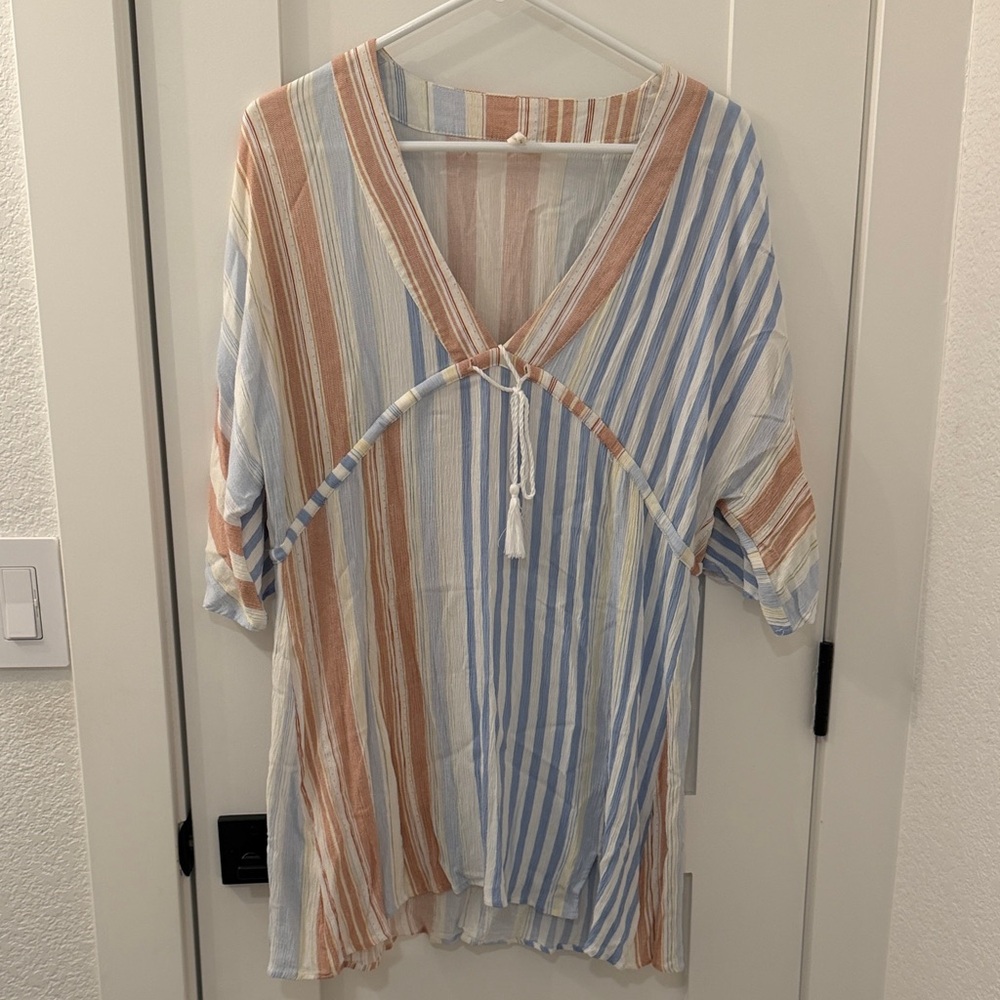 Pinkblush Striped V-Neck Tunic in Blue, Rust & Cream
